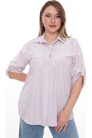 Lady Majestic Büyük Beden Cotton Nakış Detaylı Çizgili Gömlek Şık Ve Rahat Pudra