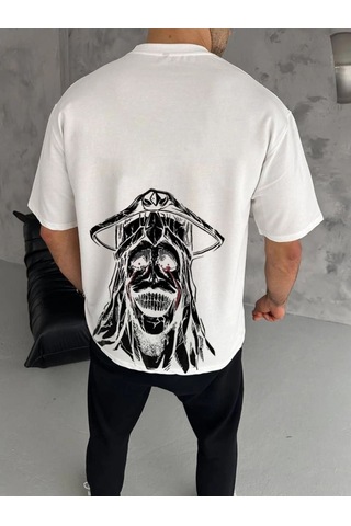 Erkek Kısa Kol Tişört Bisiklet Yaka Yıldırım Baskılı Oversize T-shirt - Beyaz