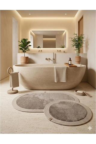 Kaymaz Taban Peluş Banyo Paspası Seti Kahverengi Rengi Jüt Kenar Detaylı 2'li Oval Yuvarlak 100x60 60x60 Kahverengi - Krem