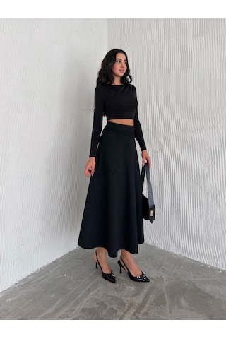Ozy Fashion Kadın Süet Kloş Etek Siyah
