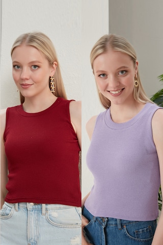 Catspy Kadın Halter Yaka 2'li Crop Bluz Atlet Lila - Bordo