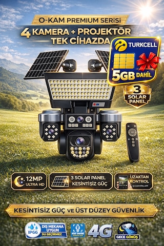 O-kam Ok334 Premium 12mp 4 Kameralı 4g 3 Solar Panel Aov Gece Görüş Sesli Konuşma Akıllı Kamera Ve Kumandalı Projektör Turkcell Sim Kart
