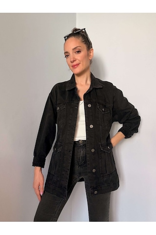 Siyah Kuşak Detaylı Denim Ceket Siyah