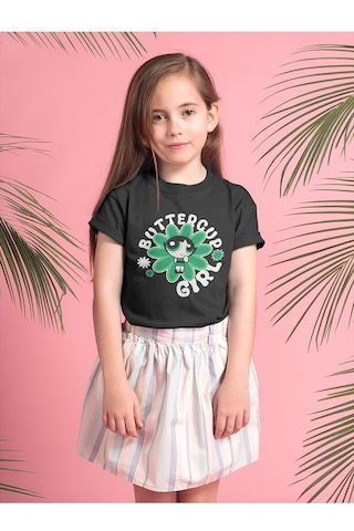 Sevbano Power Puff Girls Buttercup Girl Baskılı Unisex Çizgi Film Çocuk T Siyah