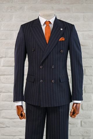 Apartro Slimfit Sivri Yaka Çift Yırtmaçlı Çizgili Kruvaze Takım Elbise Lacivert