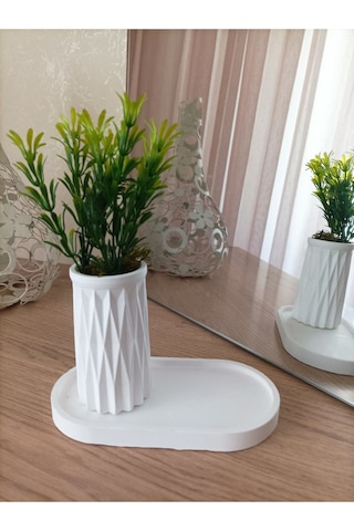 Mini Desenli Beton Saksı Tekli Ve Oval Tabak - Yapay Çiçek Hediyeli - Yeşil