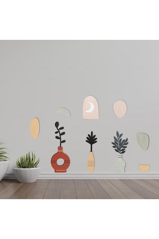 Cajuart 9 Parça Dekoratif Ahşap Sanasal Vazo Çiçek Pastel Renk Duvar Tablo Seti Ahşap Dekor