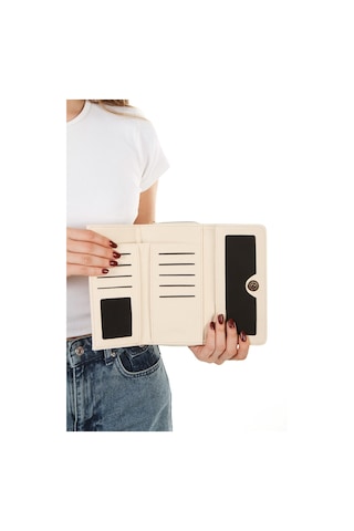 Yaşam Çiçeği Baskılı Şans Cüzdanı Kağıt Bozuk Para Ve Kartlık Bölmeli Ekru Kadın Cüzdan Bej