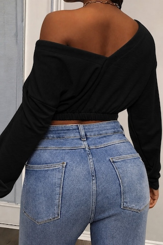 Tarz Cool Kadın Omuz Dekolteli Lastikli Crop Sweatshirt %100 Pamuk Siyah