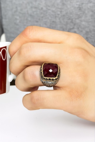 925 Ayar Gümüş Fasetli Ruby Taşlı Erkek Yüzük-8505 Gümüş