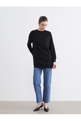 Lcw Modest Siyah Bisiklet Yaka Taşlı Kadın Sweatshirt Tunik