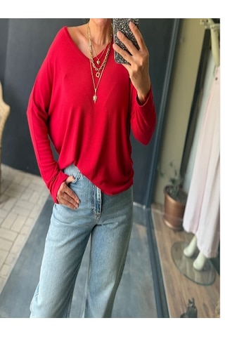 Mirve Butik V Yaka Yumoş Merserize Bluz Kırmızı