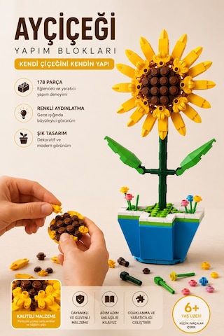 Ayçiçeği Yapım Blokları 178 Parça Led Işıklı Dekoratif Yapboz Çiçek Seti 6+ Yaş