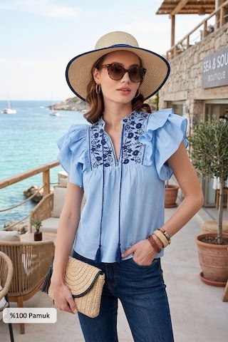 Lela Pamuklu Regular Fit Nakış Işlemeli Bayan Bluz 611Bz0253 Mavi