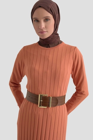 Armine Trend Kendinden Çizgili Triko Elbise Şeftali 25ktd901