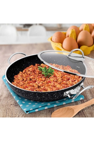 Lines Siyah Menemen Tavası - Granit Cam Kapaklı Sahan 24 Cm
