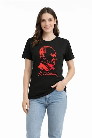 De'charme Atatürk Baskılı Tişört Kısa Kollu Bisiklet Yaka T-shirt - Siyah