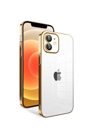 Apple Uyumlu iPhone 12 Kılıf Kamera Korumalı Renkli Çerçeveli Zore Garaj Kapak Gold