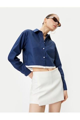Koton Crop Poplin Gömlek Etek Ucu Renk Kontrastlı Uzun Kollu Pamuklu Lacivert 4sal60161ıw Lacivert