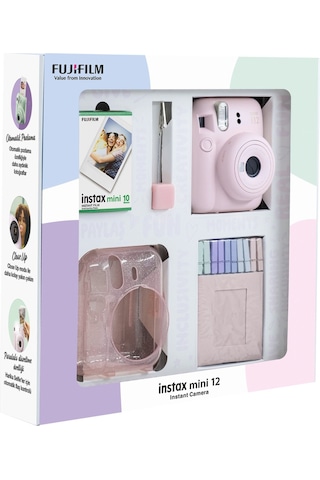 Fujifilm Instax Mini 12 Fotoğraf Makinesi + 10'lu Film + Simli Pleksi Kılıf + Mandal + Kıskaçlı Standı Pembe