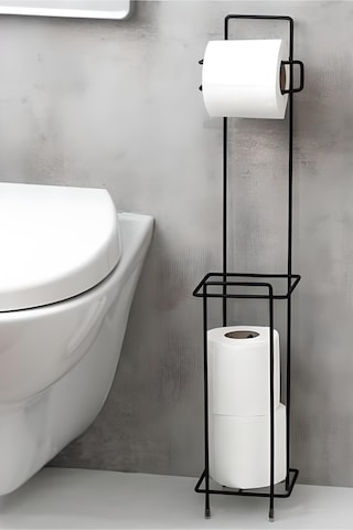 Siyah Ayaklı WC Kare Tuvalet Kağıtlığı, Yedek Rulo Hazneli, Paslanmaya Dayanıklı WC Kağıtlık, 13cm x 65cm