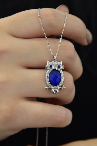 Papatya Silver 925 Ayar Gümüş Rodyum Kaplama Lacivert Göz His Taşı Baykuş Kolye