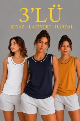 Valensdesign 3 Lü Kolsuz Sporcu Atlet Seti Yazlık Bisiklet Yakalı - Beyaz, Lacivert, Hardal Çok Renkli