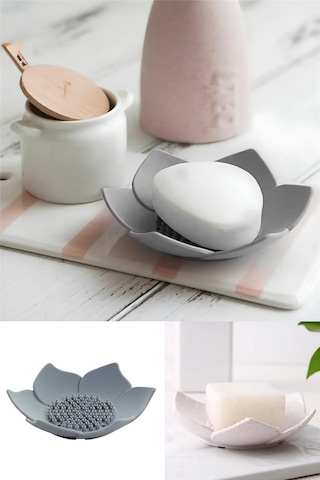 Lotus Desenli Sabun Ve Sünger Tutacağı Silikon Gri Su Giderli Lotus Şekilli Şık Katı Sabunluk Diğer