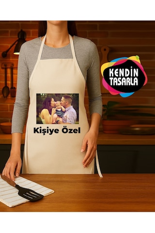 Kişiye Özel Fotoğraflı , Logo, Yazılı Mutfak Önlüğü Krem