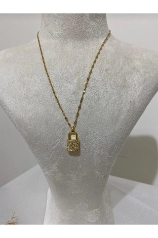 Gold Renk Taş Detaylı Kilit Model Kolye Altın