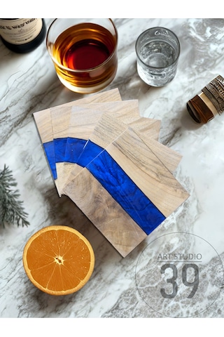 Ceviz & Mavi River Epoksi Bardak Altlığı Seti 6 Lı, El Yapımı Ceviz Ahşap, 12x12 Cm, Modern & Şık Tasarım Mavi