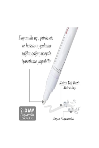 Beyaz Keçeli Kalem 1 Adet Markör Kalıcı Marker Kalem Lastik Seramik Cam Metal Ahşap Plastik Taş Yüzey Yağ Bazlı Beyaz