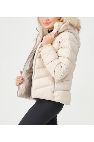 Kadın Bej Çıkarılabilir Kürklü Kapüşonlu Su Geçirmez İçi Kürklü A