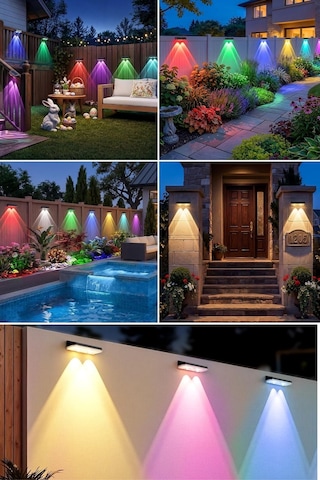 Solar 7 Renkli Rgb Çit Apliği 2 Li Set, Güneş Enerjili Dış Mekan Duvar Lambası, Ip65 Su Geçirmez Bahçe Balkon Teras Aydınlatması