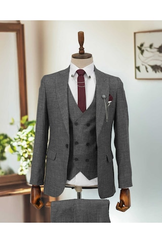 Beystil Sivri Yaka Gri Kırçıllı Takım Elbise Storm- Slim Fit Gri