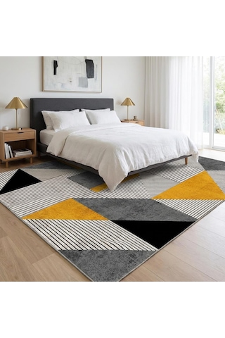 Hardal Gri Geometrik Üçgen Desenli Modern Dijital Baskılı Kaymaz Tabanlı Yıkanabilir Halı Hardal