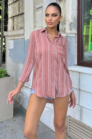 Kadın Gül Kurusu Çizgili Desenli, Uzun Kollu, Rahat Kesim, Dokulu Kumaş Gömlek GÜL KURUSU