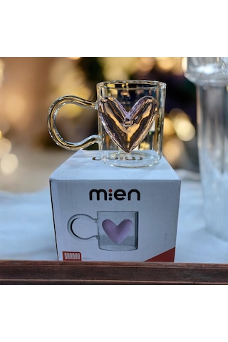 Mien 400 Ml Kalpli Şeffaf Cam Kupa Pembe Kalp Detaylı Pembe - Şeffaf