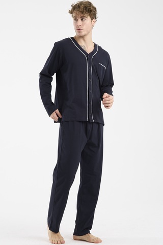 V Yaka Düğmeli Pijama Takım - Lacivert Lacivert