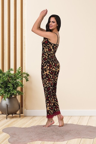 Leopar Desenli Pamuklu Likralı Kahverengi Askılı Bordo Dantel Detaylı Pijama Takımı 28449 Kahverengi