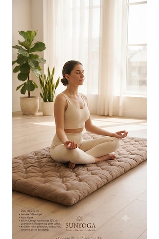Pamuk Kapitone Meditasyon Minderi 180x60 Cm - Konforlu Yoga Matı Ve Yer Minderi Vizon
