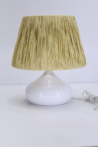 Üzüm Abajur Rafya Başlık Metal Elips Ayak Bej Beyaz