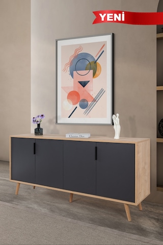 4816 Sırma 180 Cm Ahşap Ayaklı , Metal Kulplu Konsol , Safir - Antrasit , Salon , Oturma Odası Safir - Antrasit