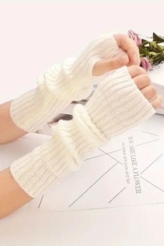 Moibody %100 Akrilik Premium Triko Örgü Hand Warmer El Isıtıcı Kolluk Eldiven Ekru Ekru