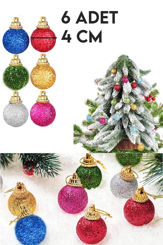 Renkli Parlak Desenli 6lı Yılbaşı Top Süs 4cm Çam Ağacı Süsleri