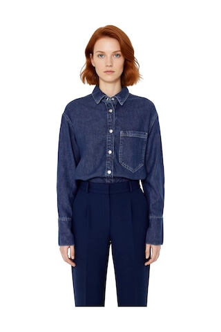 Ersefa Kadın Oversize Liyosel Denim Gömlek Günlük Kullanımda Ve Rahatlığ Koyu Mavi