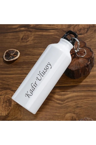 Kişiye Özel Atatürk Tasarımlı Kancalı Alüminyum Beyaz Su Matarası - 600mlt Çok Renkli