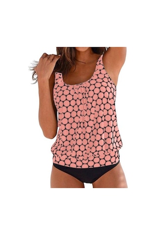 2 Adet/set Kadın Tankini Set U Yaka Kolsuz Puantiyeli Üstler Yan Büzgülü Yüzme Şortu Seti Hızlı Kuruyan Mayo Pembe