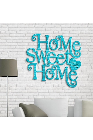 Kişiye Özel Home Sweet Home Mavi Renk Dokulu Ahşap Duvar Yazısı - 3