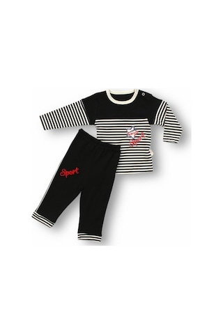 Pamuklu Yenidoğan Erkek Bebek/ Çocuk Takımı - Siyah Beyaz & Çizgili Alt Üst Takım - 2'li Siyah
